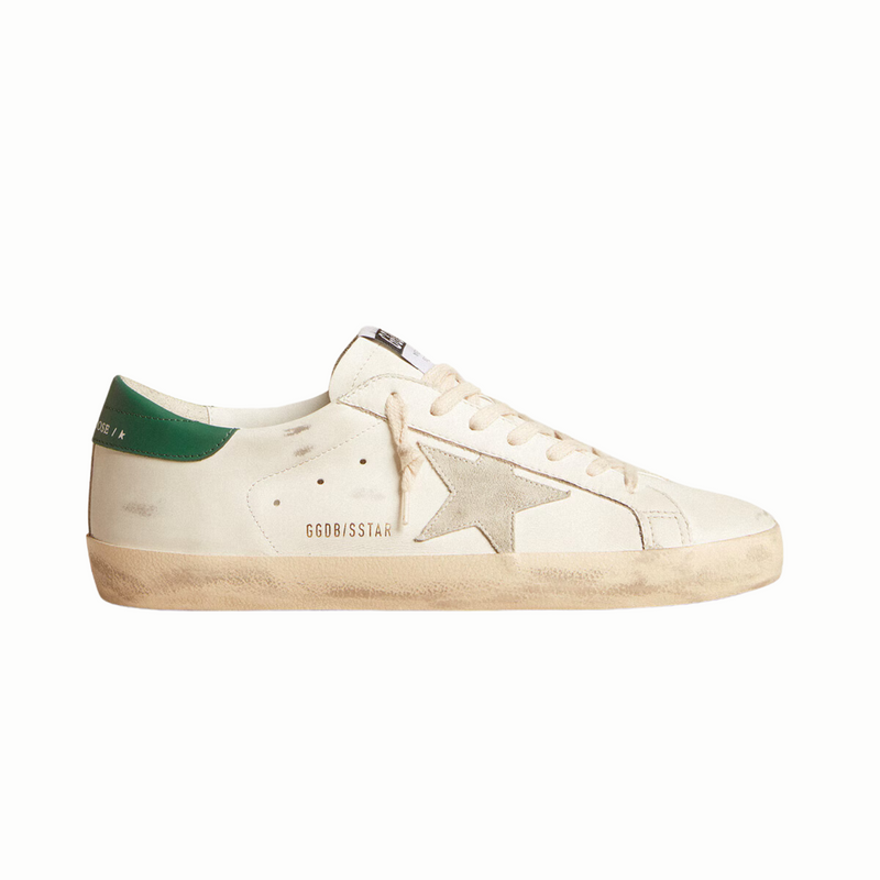 Golden Goose Super-Star with ice-grey suede star and green leather heel tab