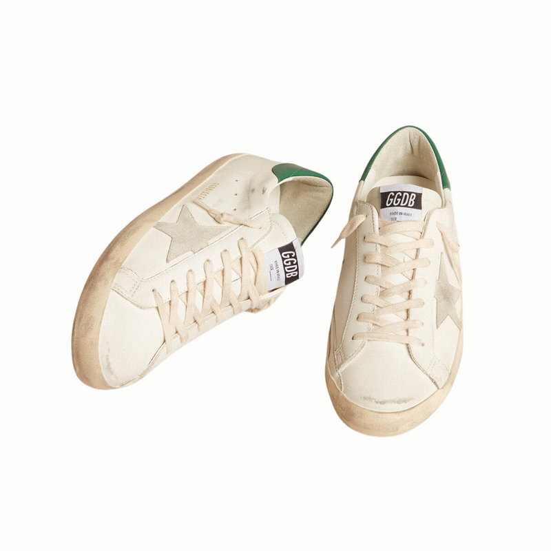 Golden Goose Super-Star with ice-grey suede star and green leather heel tab